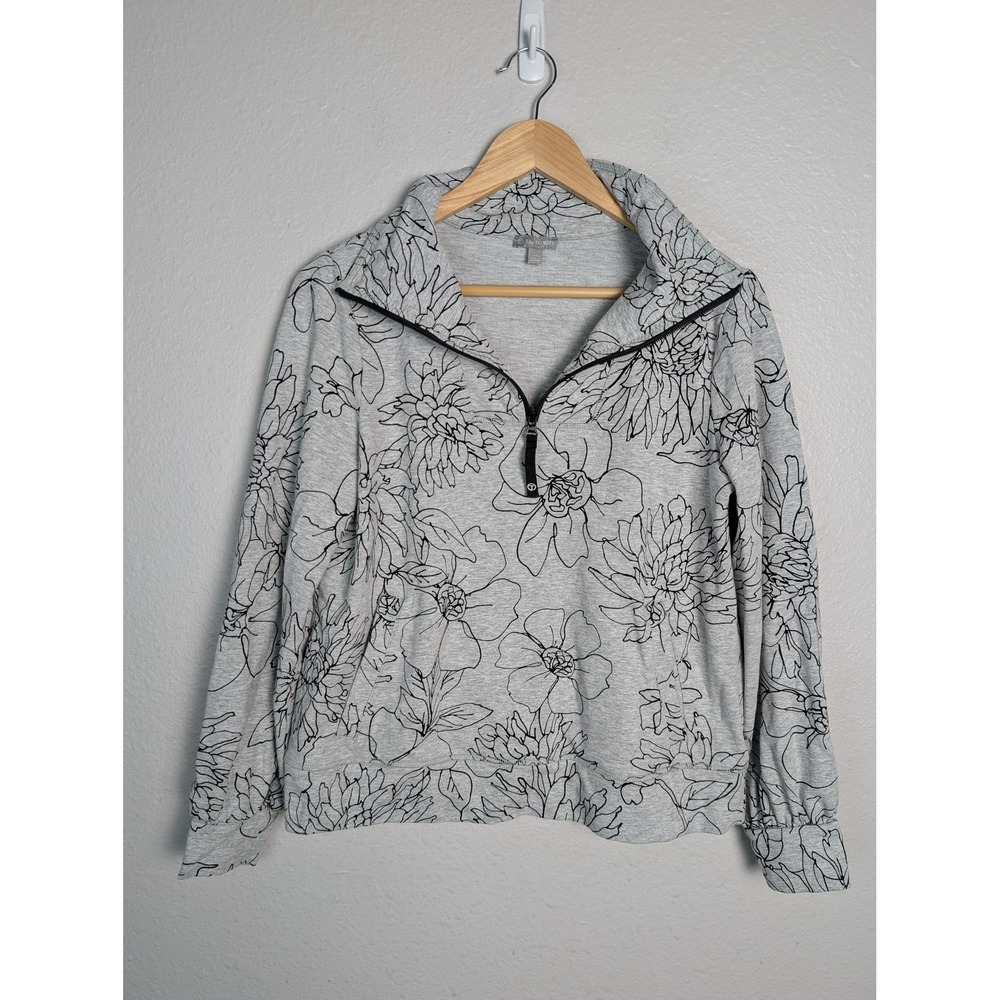 Talbots T-Shirt Womens XS Gray Floral Collared 1/2 Zip Pockets Long Sleeve‎